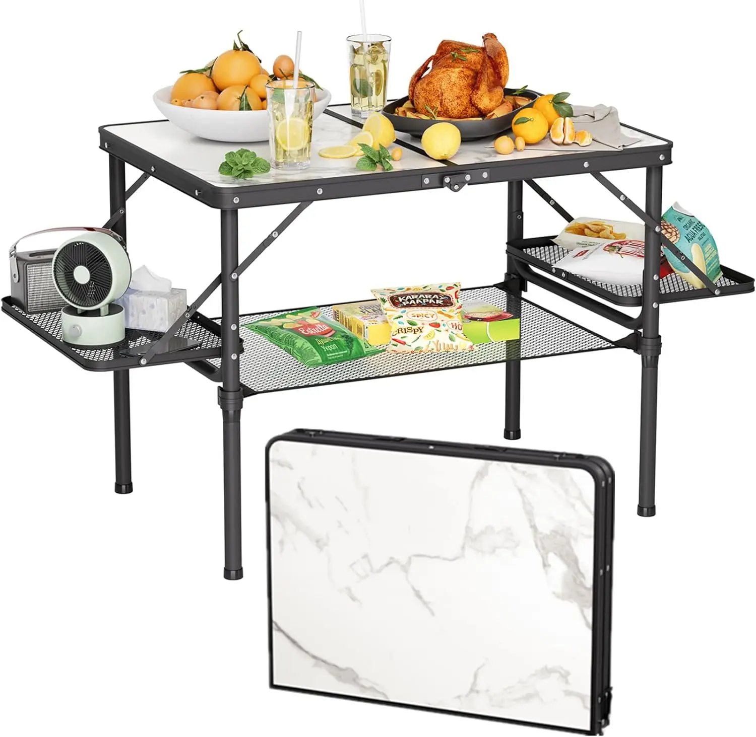 

Складной походный стол 3 фута с боковыми полками и сеткой для хранения, портативный алюминиевый стол для пикника, для использования на природе, в автодомах/автомобилях