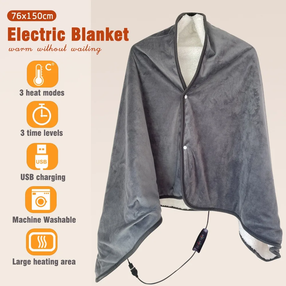 

USB Charging Electric Heated Blanket 3 Heating Levels Fleece Heated Blanket Large Heating Area Winter Warmer Machine Washable