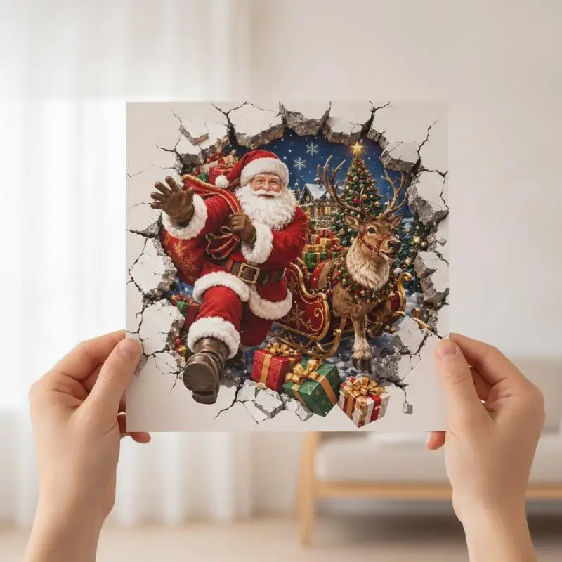 3D Broken Wall Christmas Decoration Self-Adhesive Santa Claus Wall Decal For Living Room And Bedroom