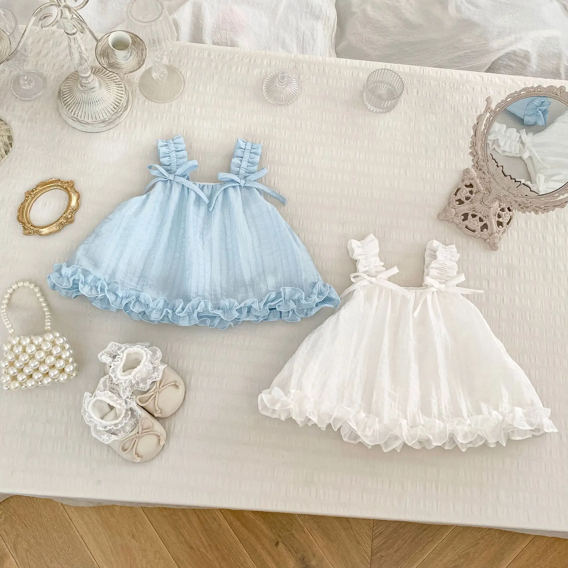 2026 Summer New Girls Sleeveless Shirts Sweet Bow Sling Tops Solid Cute Baby Girl Princess Lace Blouse Cotton Kids Clothes