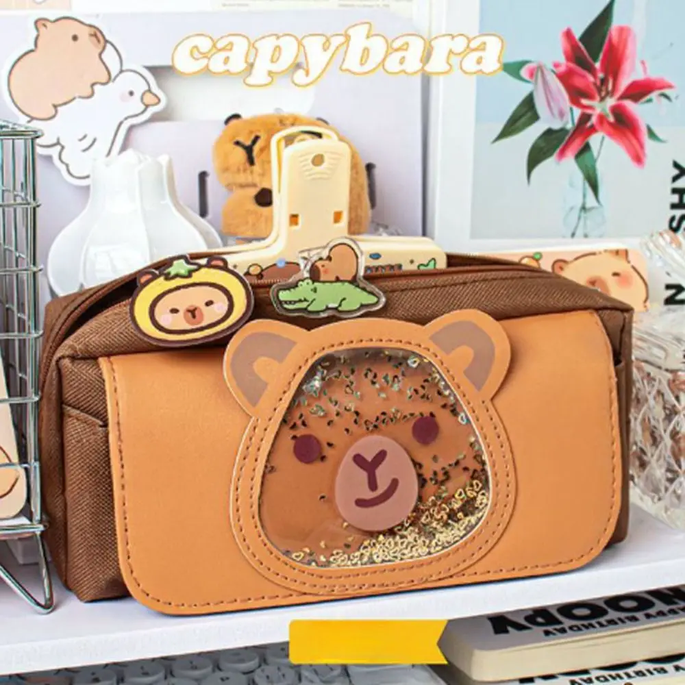 Large Capacity Capibara Pen Bag Star Shaped Zipper Cartoon Glitter Pen Case Stationery Holder Korean Style Capibara Pencil Pouch