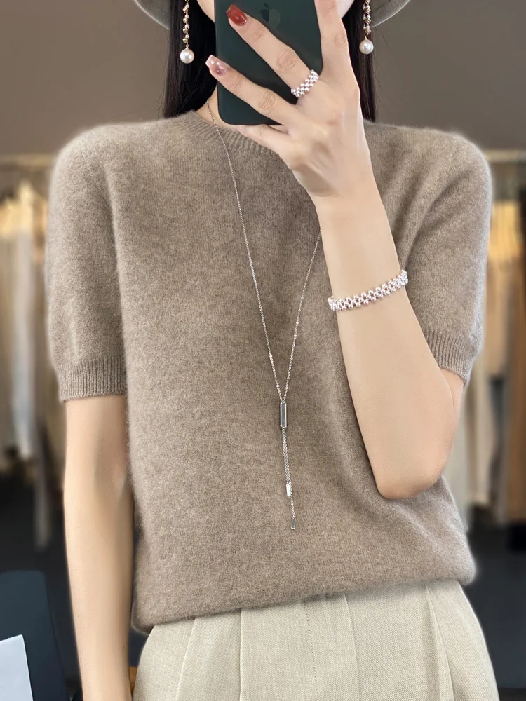 100% pure wool T-shirt spring and summer new women\'s O-neck pullover short sleeve loose five-sleeve sweater high-end top