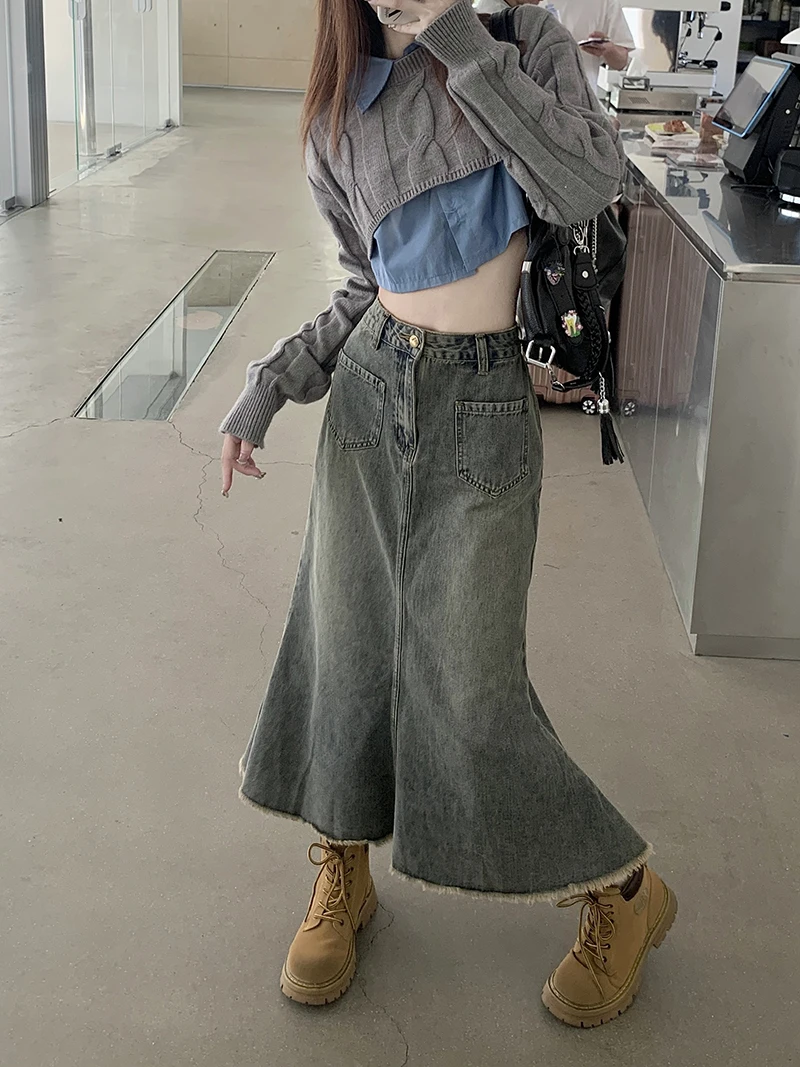 

Autumn High Waist Loose Washed Tassel Solid Color Vintage Versatile Office Lady Simple Literary Trumpet Fashion A-Line Skirts