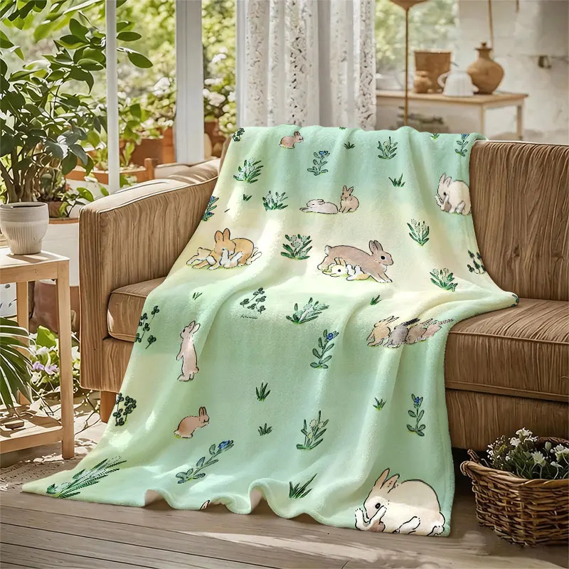 Cute Meadow Bunny Print Flannel Blanket Perfect for Sofa Office Bed Travel Sleep Read Relax Camping Four Season Use