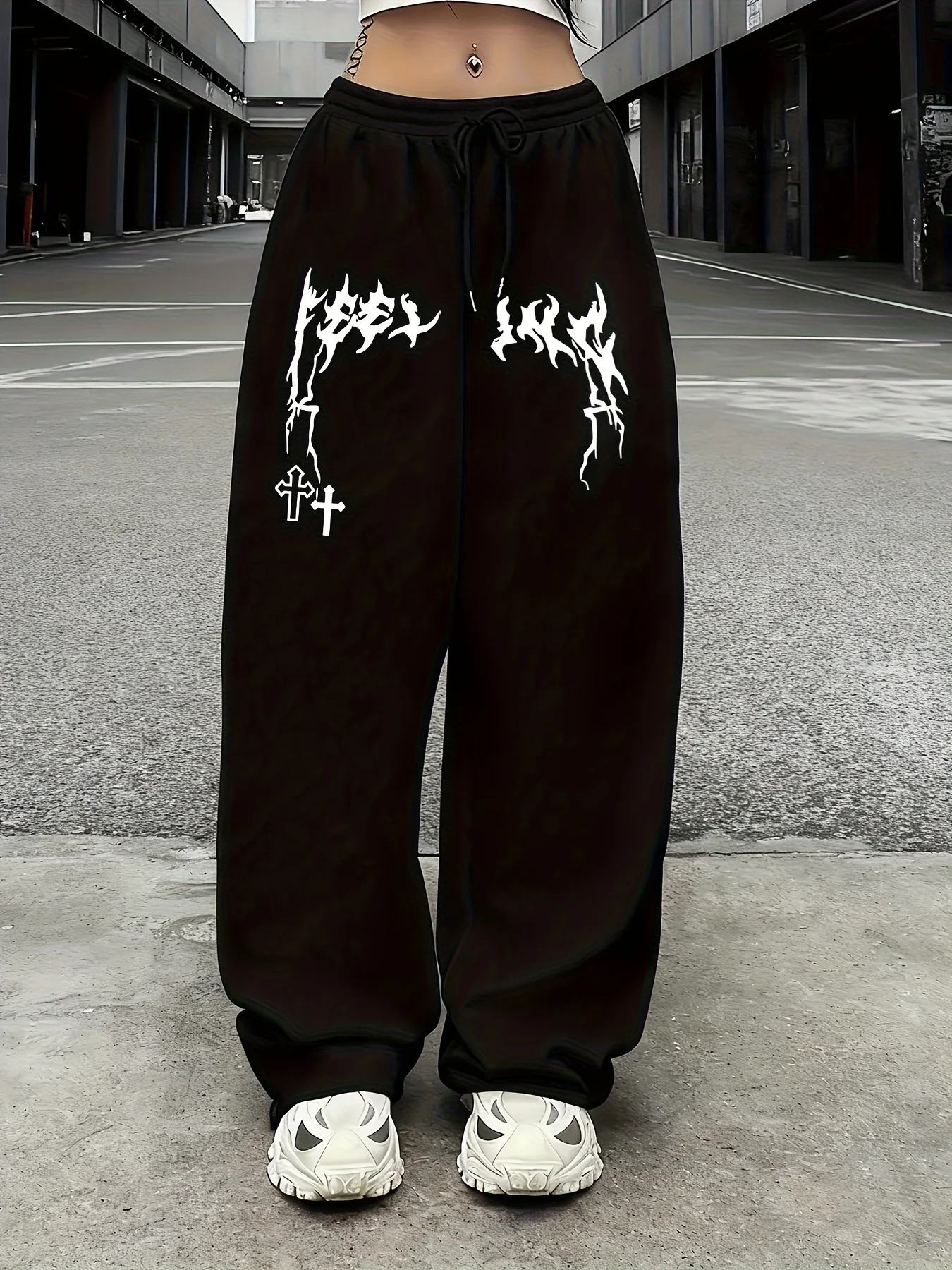 

Повседневные спортивные брюки с готическим крестообразным принтом, эластичная талия на шнурке, американские повседневные модные прямые брюки для мужчин и женщин