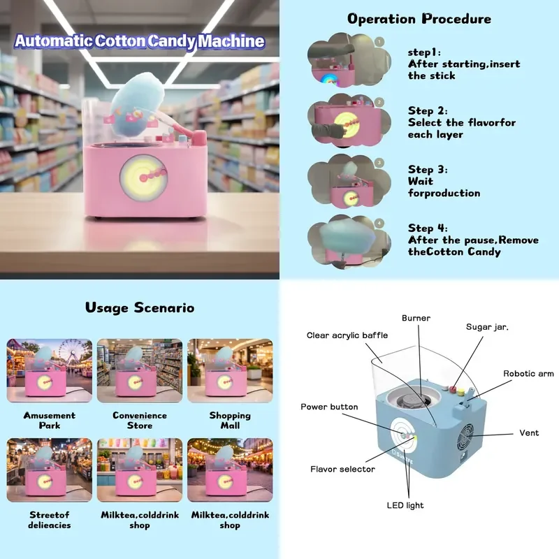 for Skineat New Mini Commercial Automatic Cotton Candy Machine Motor 4 Flavors 50s Fast Speed Vending Business Candy Floss
