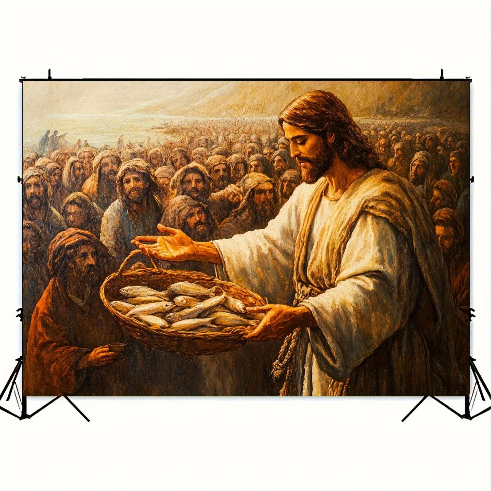 One 2D flat background panel featuring a Bible theme, with Jesus, a bread basket and fish.XY view 6