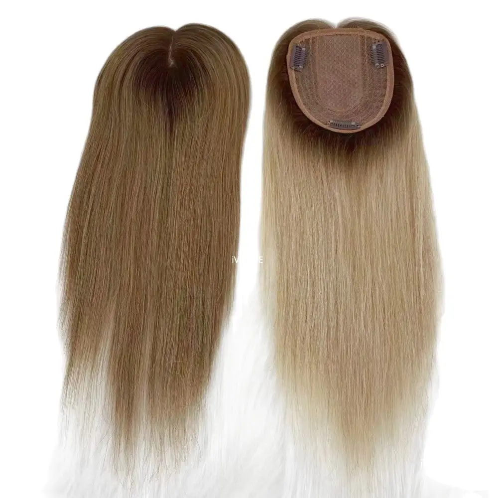 #613 Blonde Ombre Remy Human Hair Topper for Women Two Tone 10X14CM 35cm Silk Skin Base Toupee with 3 Clips in Human Hair Pieces