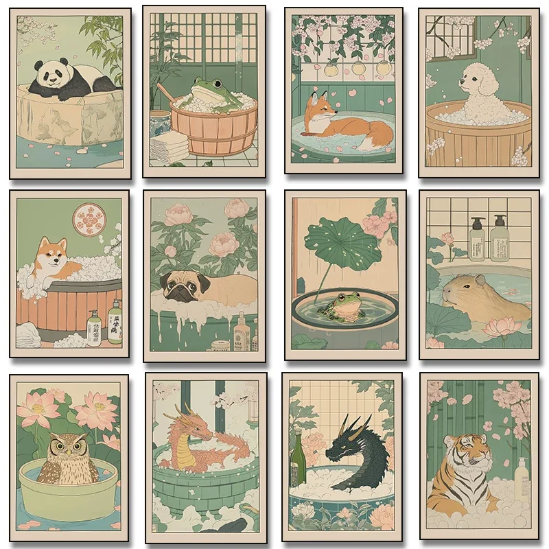 Póster de lienzo con diseño de rana japonesa, tigre, dragón, ciervo, capibara, panda y caniche en una bañera, impresión artística para baño, decoración de pared del hogar