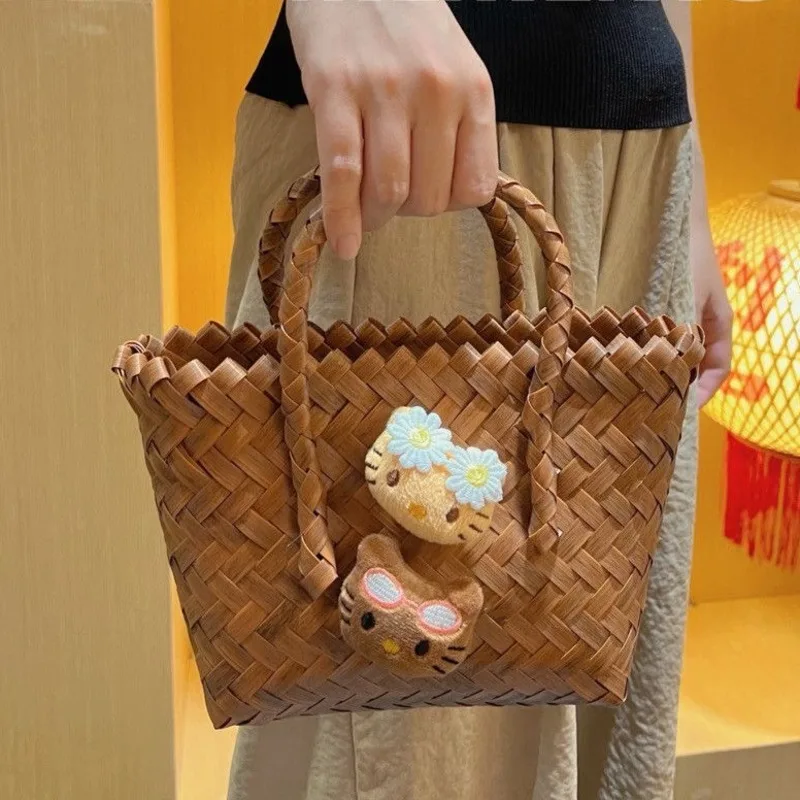 Kawaii Hello Kitty Beach Straw Handbag Y2k Cute Cartoon Kitty Cats Doll Decor Woven Bags Casual High Capacity Tote Bag For Women