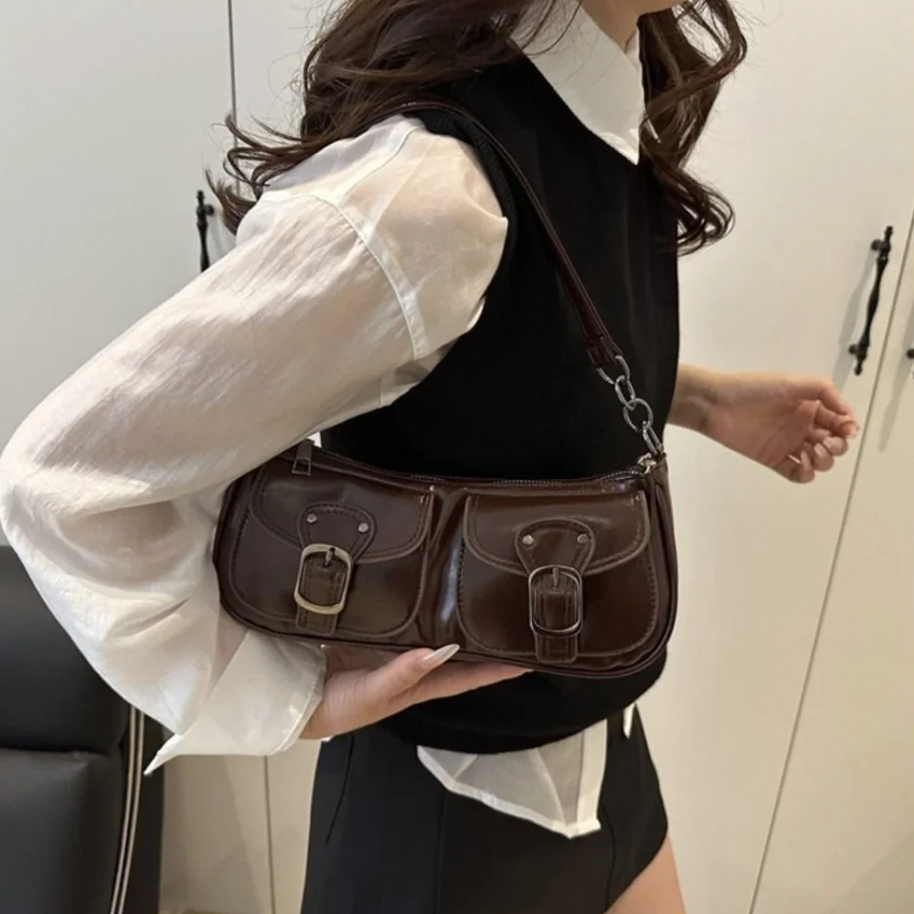 

Casual Vintage Women's Armpit Bag Y2k Leisure Pu Leather Shoulder Bag Double Pockets Harajuku Zipper Handbag Commuting