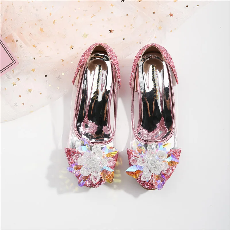 Pink Blue Princess Dance Shoes for Girls Low Heels for Kids Birthday Party Glitter Crystal Diamond Shoe Child Gown Leather Shoes