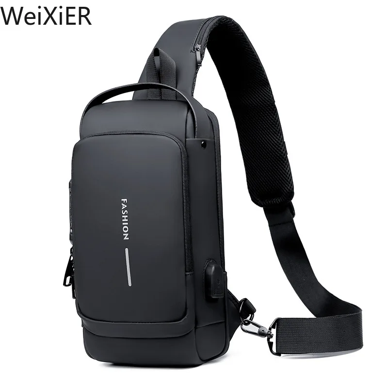 Anti-theft Travel Bag Male USB Charging Chest Bag Pack Multifunction Patent Leather Chest Bag Men Waterproof Men Crossbody Bag