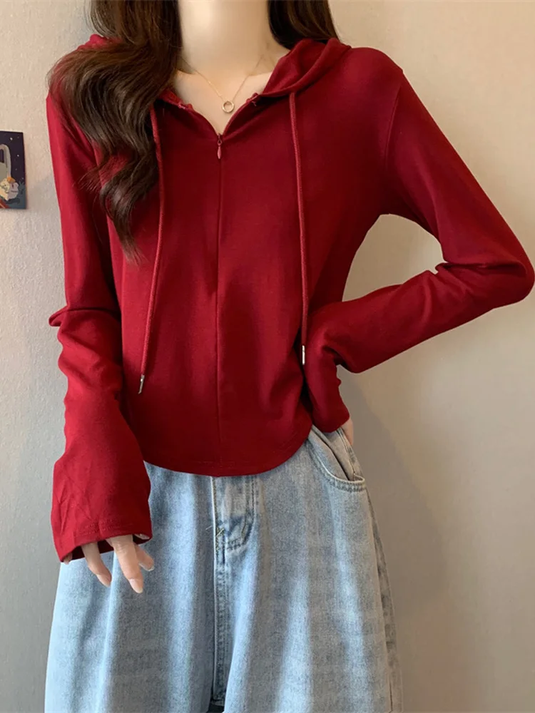 Women's Long Sleeve Hoodie T-shirt Short Style Slim Fit Casual Versatile High Waist Zipper Closure Anti-Ball Korean Style Top