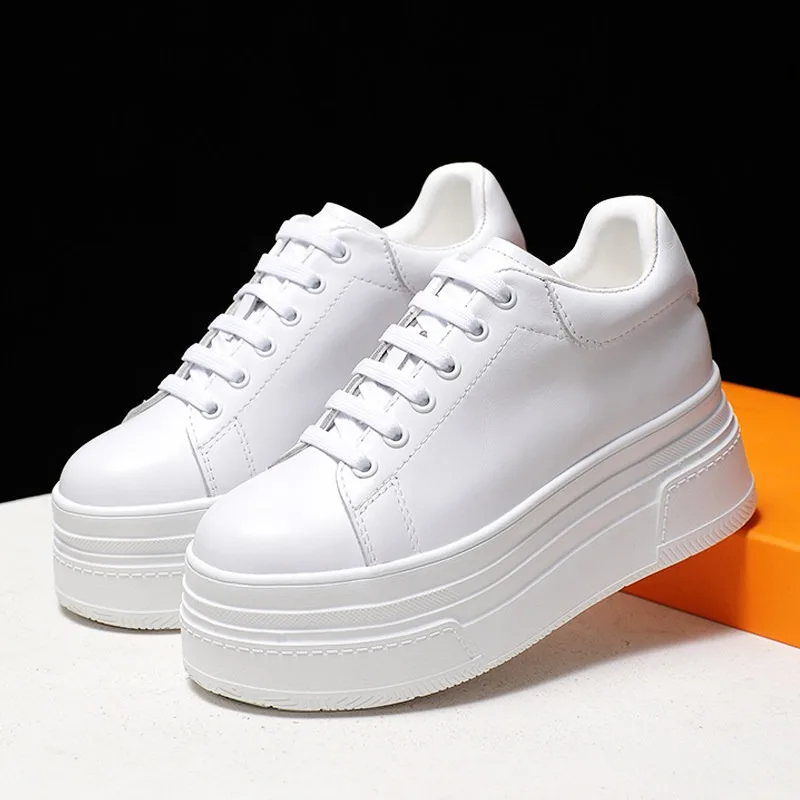 

White Hidden Heel Women Lace-Up Thick Sole Casual Shoes Genuine Leather Height Increasing Platform Sneakers