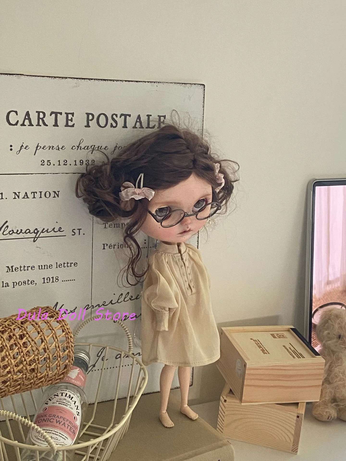 

Одежда для куклы Dula, платье 2021, льняное платье цвета шампанского с глубоким V-образным вырезом для куклы Blythe ob24 ob22 Licca JerryB 1/6