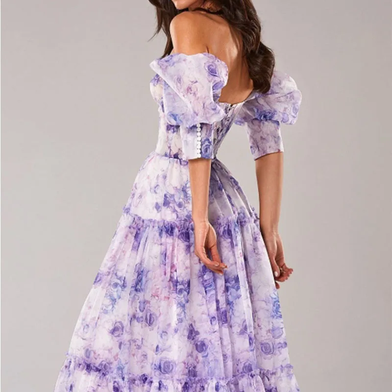 Elegant Women's Summer Floral Printed Long Dress Sexy Backless Short Sleeve Beach Sundress Boho Evening Party Maxi Dresses