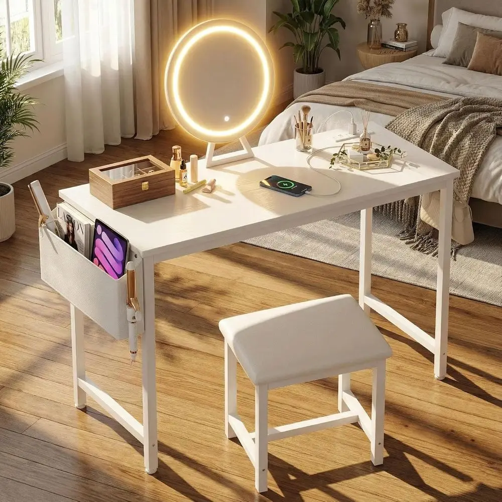 

40 White Makeup Vanity Set with Mirror, Stool, Lights & Power Outlet for Girls