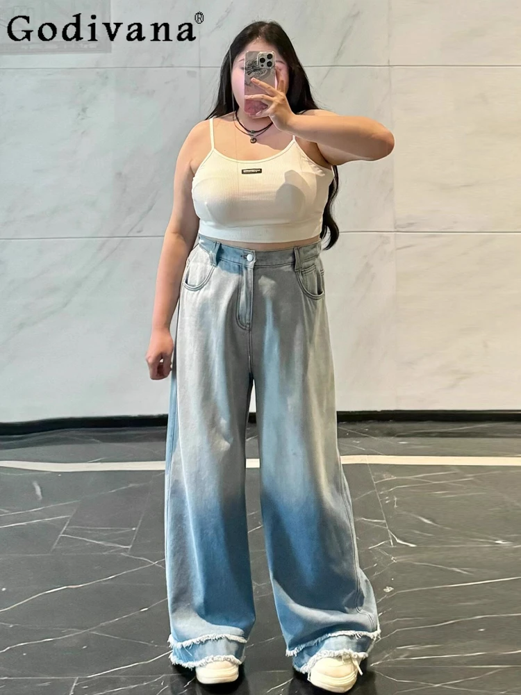 

Large Size 2XL-6XL American Loose Gradual Change Light Blue Wide-leg Jeans Girl Spring Autumn Versatile Korean Straight Trousers