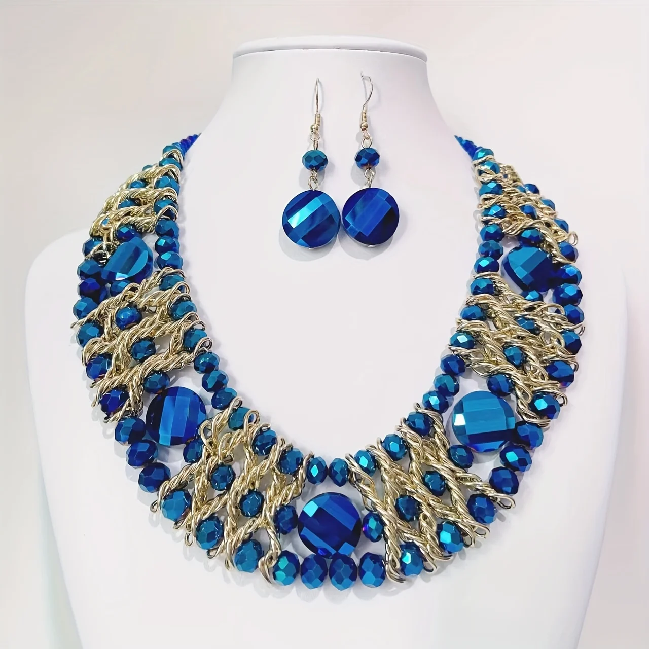 Bohemian Style Handcrafted 3-Row Blue Crystal Beaded Necklace and Earrings Set,  Versatile for Daily Wear and Gift-Giving