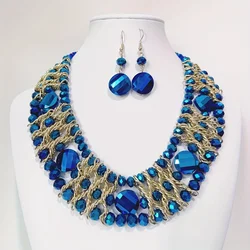Bohemian Style Handcrafted 3-Row Blue Crystal Beaded Necklace and Earrings Set, Versatile for Daily Wear and Gift-Giving
