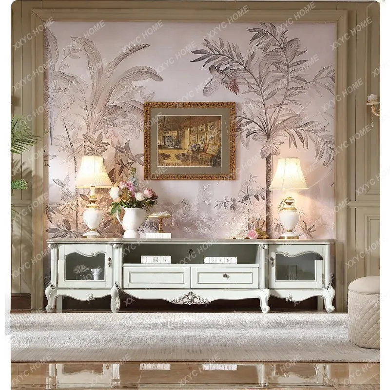 XX pastoral solid wood hand-painted TV cabinet 2.4M  carved floor cabinet storage locker