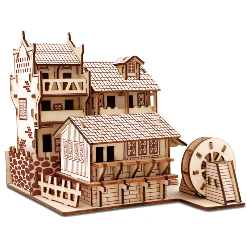 Chinese Architecture 3D Wooden Construction Puzzles Building House Model Wood Jigsaw DIY Educational Toys For Children Kids