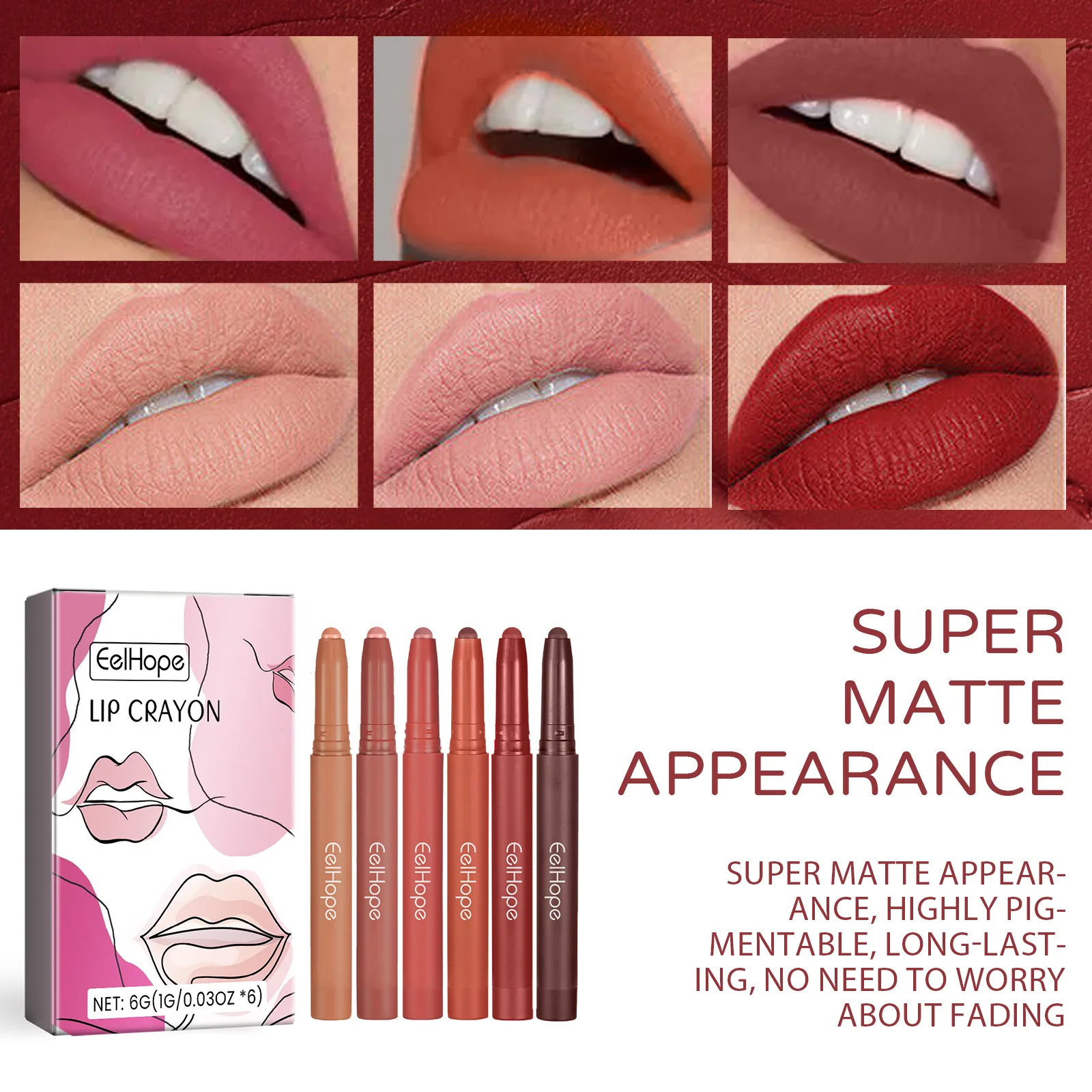 Long Lasting Matte Lip Liner Set, cosméticos de maquiagem à prova d'água, tatuagem antiaderente, contorno vermelho sexy, brilho labial, natural, 6 cores