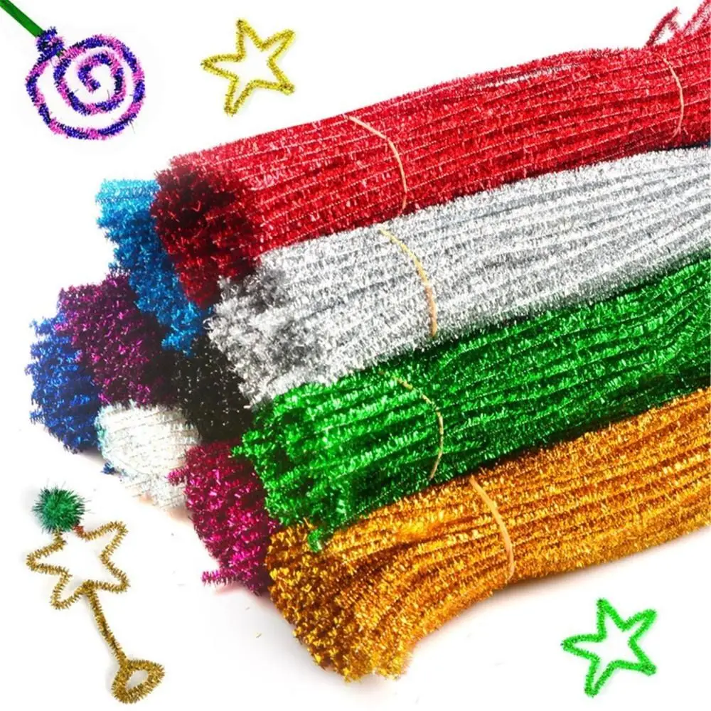 100pcs New 30cm Glitter Chenille Stems Torsion Bar Christmas DIY Craft Supplies Wool Top Wired Sticks