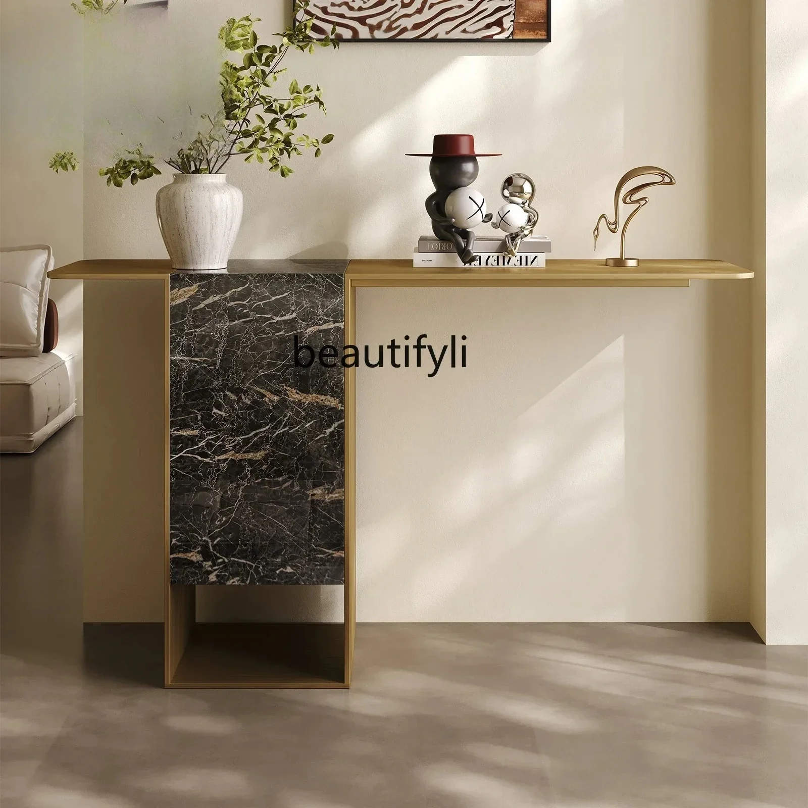 

LJYSuper narrow entrance table, light luxury and high-end feeling, against the wall, long strip, wabi-sabi wind storage table