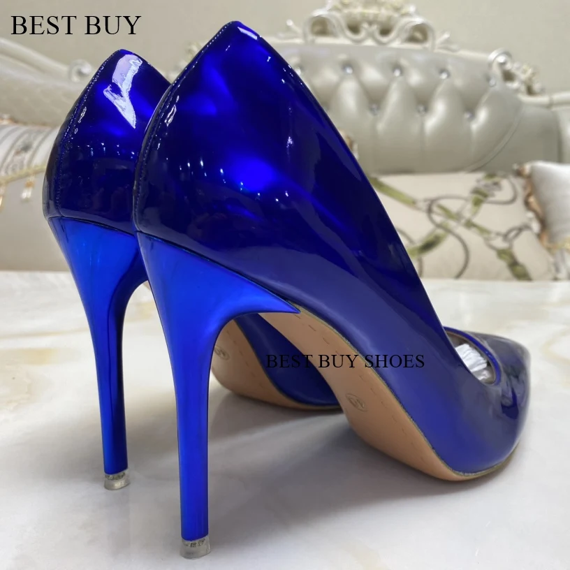 2024 Women 10.5cm High Heels Blue Green Valentine Pumps Luxury Glossy Stripper Stiletto Wedding Bridal Fetish Shoes Plus Size 43