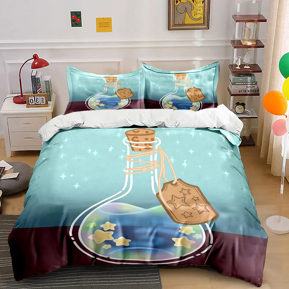 3Pc Magical Star Wish Bottle Duvet Cover Set,Light Blue Fairy Kids Bedding with 1 Duvet Cover 2 Pillowcases Single Double,Gift