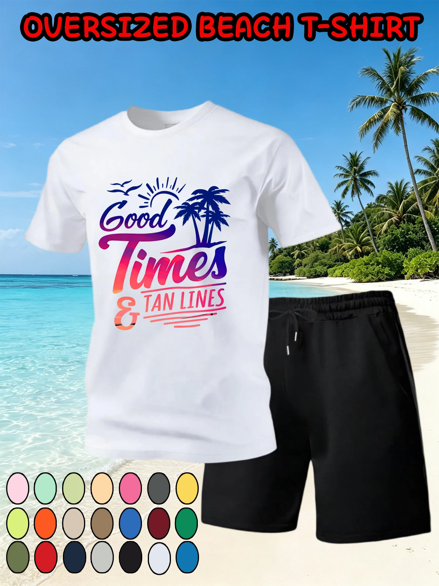 

Good Times Tan Lines Design Mens T Shirt Set Cotton Crewneck T-Shirts Pocket Summer Shorts Wide-Leg Drawstring Black Pant