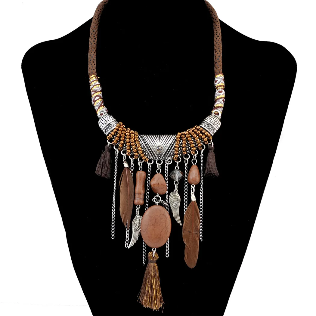 Bohemia Feather Long Tassels Leather Necklaces Ethnic Black Brown Rhinestone Elegant Women jewelry Pendant Necklace Wholesale