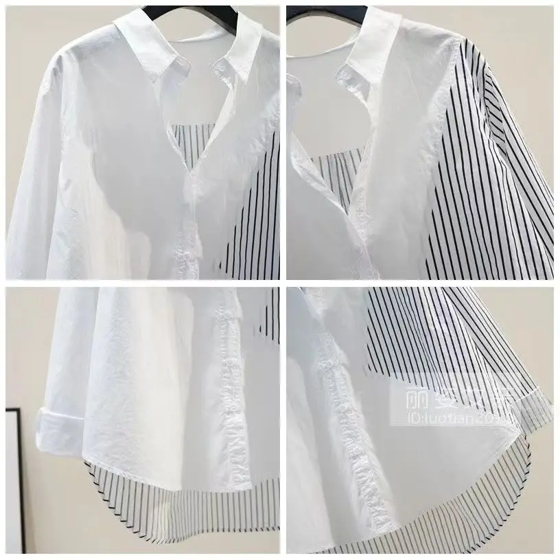 White Patchwork Striped Women Shirt 2025 Spring New Long Sleeved Loose Cotton Cardigan Top