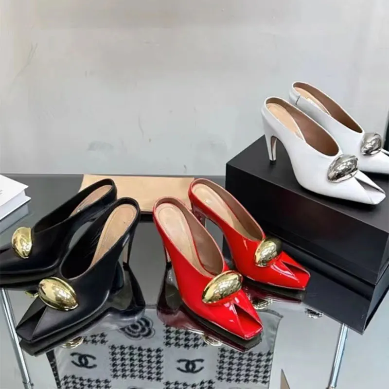 Summer New Fashion Fish Mouth Slim High Heel Sandals and Slippers Sexy Bright Metal Buckle Women's Large Open Teeth Sandals