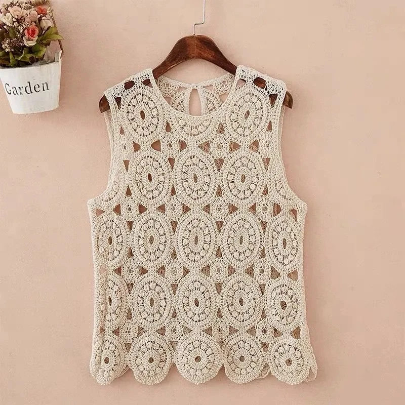 2025 New Knitted Vest Tops Hook Flower Hollow Knitted Vest Coat Sleeveless Loose T-Shirt O Neck Casual Top Waistcoat Women Coat