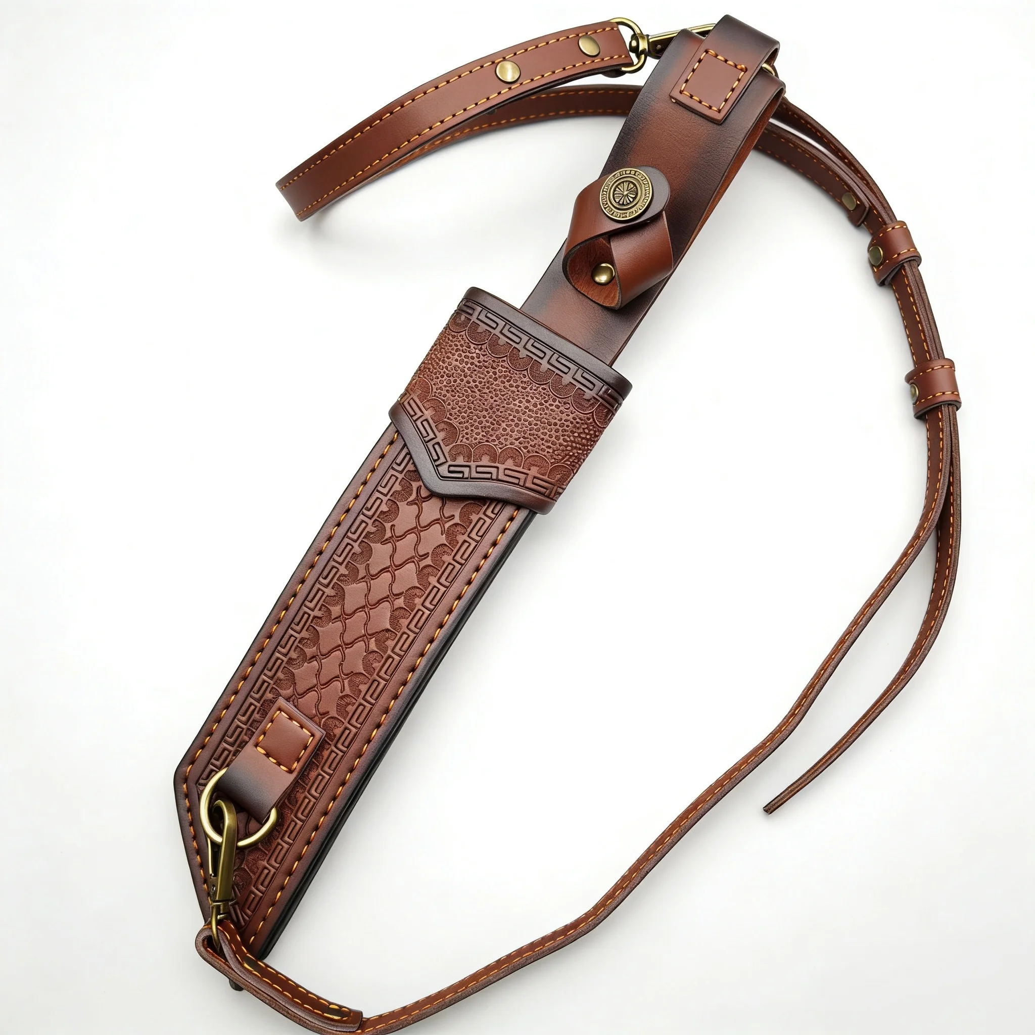 Retro Geometric Emboss Split Cowhide Knife Sheath Adjustable Shoulder Strap Carry Tool Scabbard Sheath Only No Knife Included