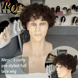 Peruca de cabelo humano encaracolado cheio do laço para homens, peruca de corte pré estilo, substituição de peças de cabelo