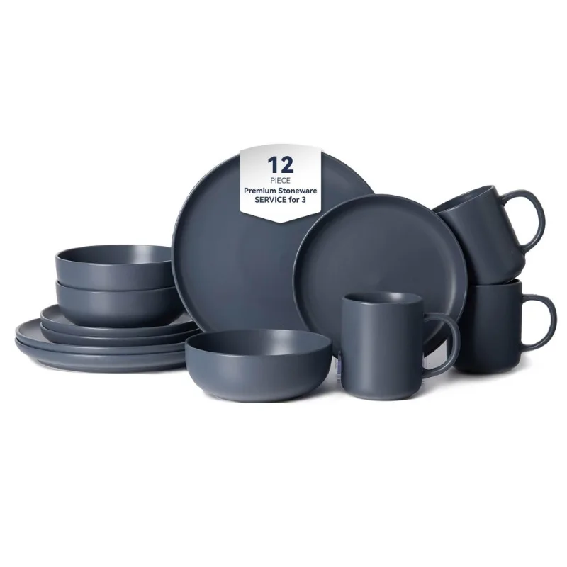 

12 Piece Stoneware Dinnerware Set With Mugs Microwave Dishwasher Non Toxic Stackable Plates Bowls For Family Of 3 Modern Matte