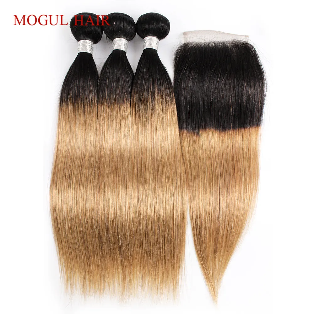 MOGULHAIR-Ombre Honey Blonde Pacotes retos com fechamento, cabelo humano Remy brasileiro, laço transparente, pré-arrancado, fechamento 4x4