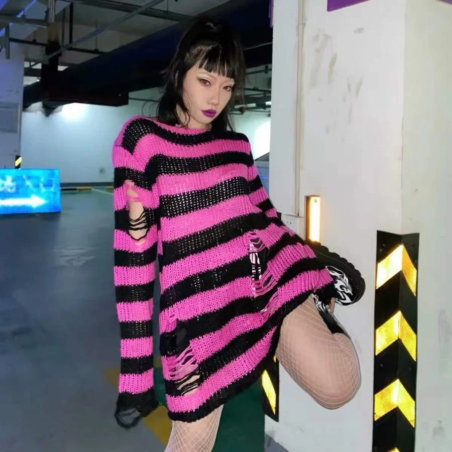 New Punk Gothic Long Sweater Women Dark Aesthetic Striped Pullovers Hollow Out Oversized Grunge Jumpers Emo Alt Clothes Y2k Tops