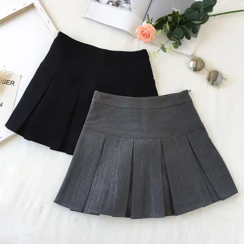 HOUZHOU Korean Fashion Gray Pleated Skirt Women Vintage Cute High Waist Sexy Mini Skirts Kawaii Preppy Style Summer Streetwear