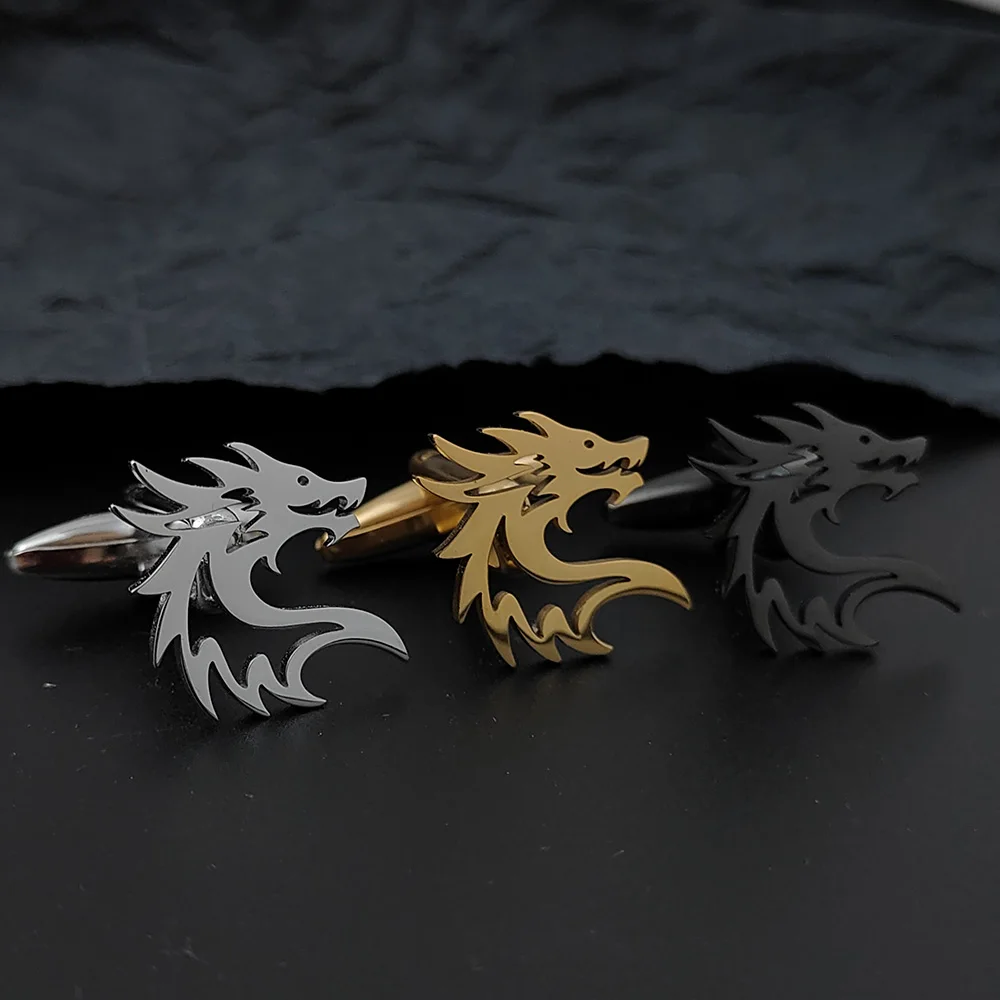 Men's Vintage Cuff Links Quality Stainless Steel Material Golden Color Chinese Dragon Design Cufflinks Wholesale & Retail