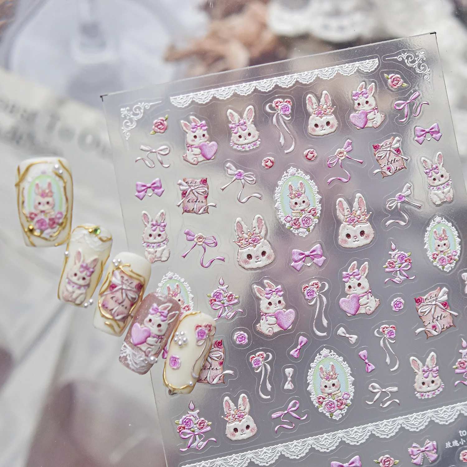 Cute Rose Rabbit Nail Decoration Stickers 5D Embossed Pink Rose Bow Lace Retro Border Self-adhesive Stickers For Nail Decoration