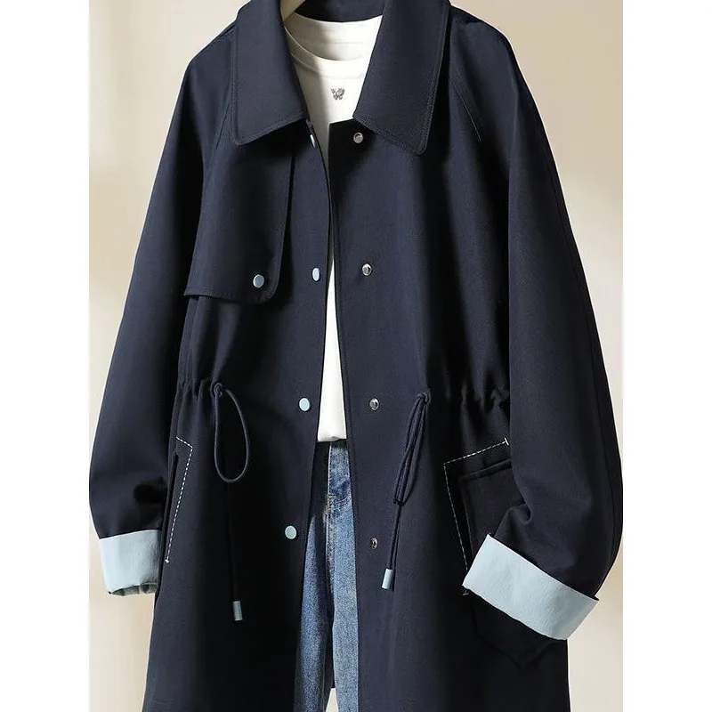 Contrasting Color Fashion Korean Style Slim Loose-fit Casual Coat for Women Spring and Autumn New Mid-length Coats