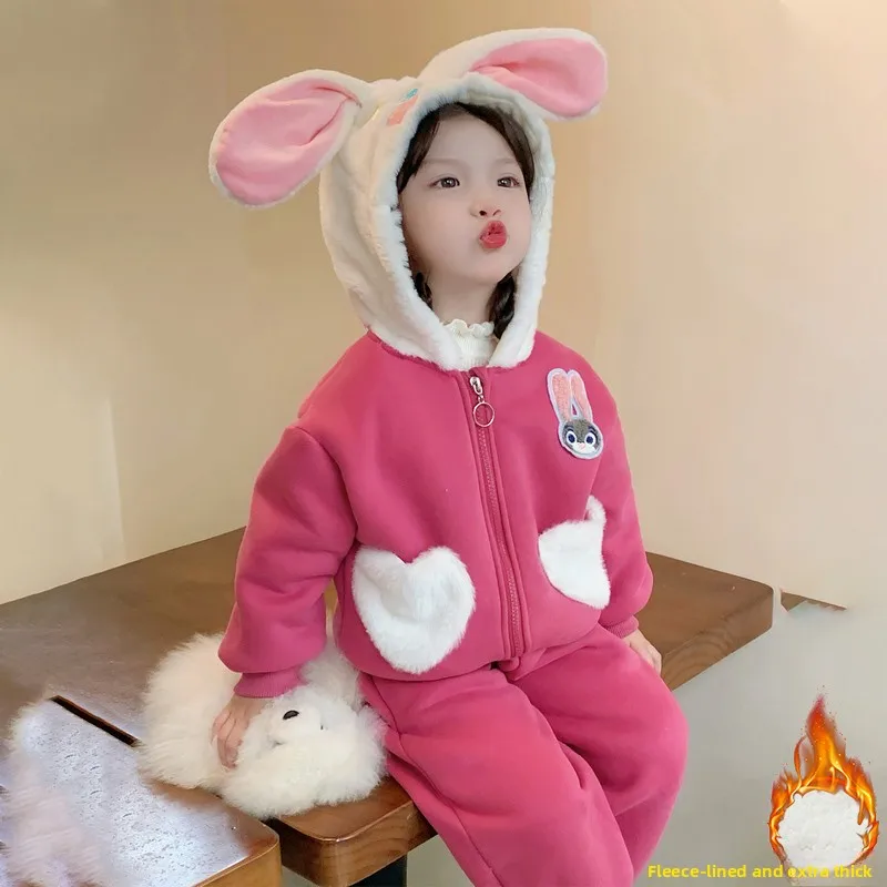 طقم سترة بقلنسوة للأطفال من Thiened Fce مكون من قطعتين للفتيات مجموعة شتوية دافئة غير رسمية