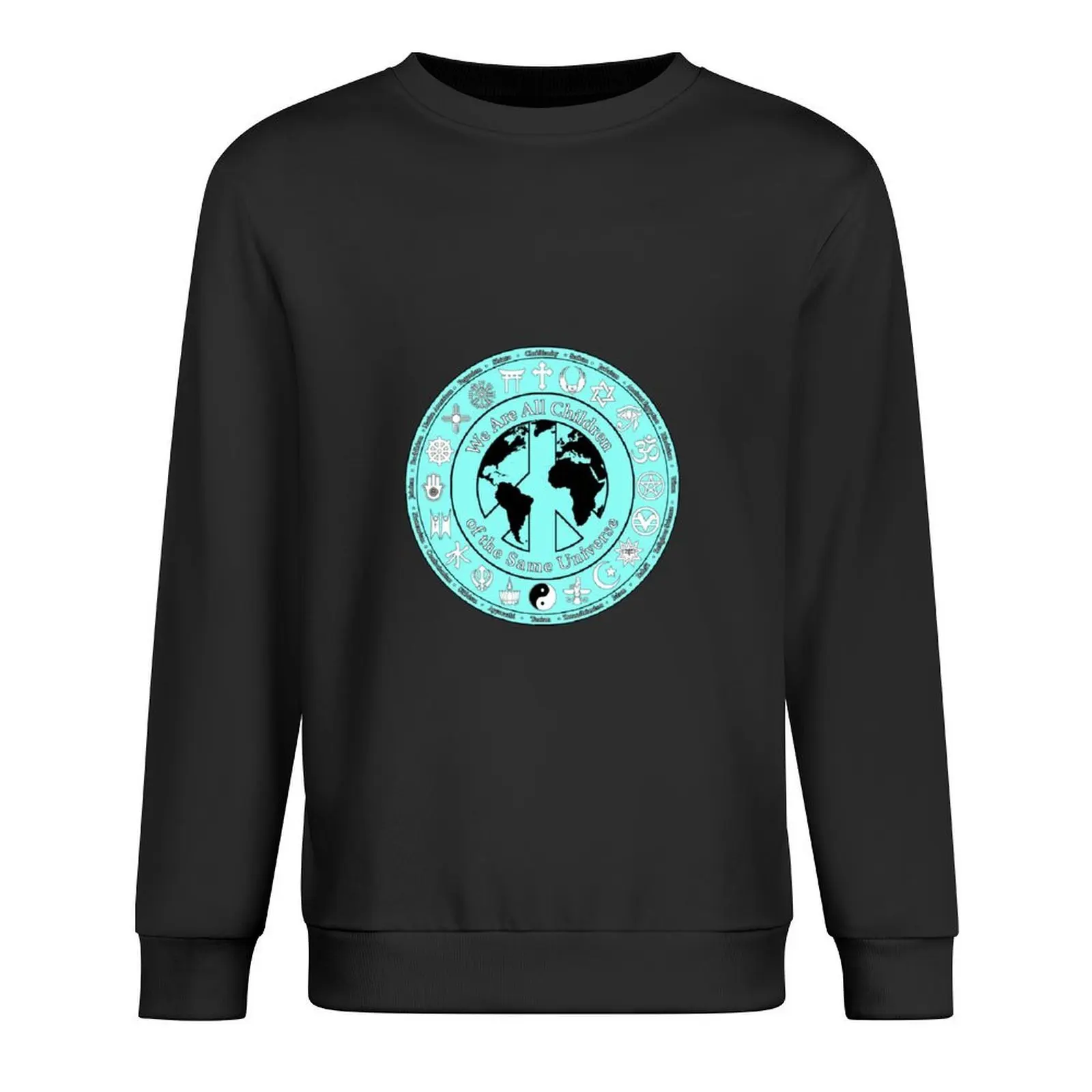 

We Are All Children of the Same Universe - World Religions Symbols with Earth & Peace Sign - Light Aqua Pullover
