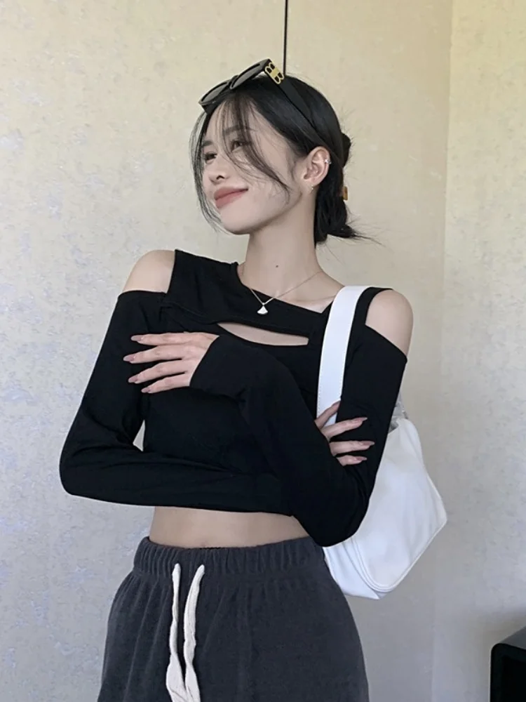 2024 Off Shoulder Crop T-shirt Women Y2k Fashion Hollow Out Long Sleeve TShirts Autumn Korean Streetwear Sexy  Slim-fit Tops