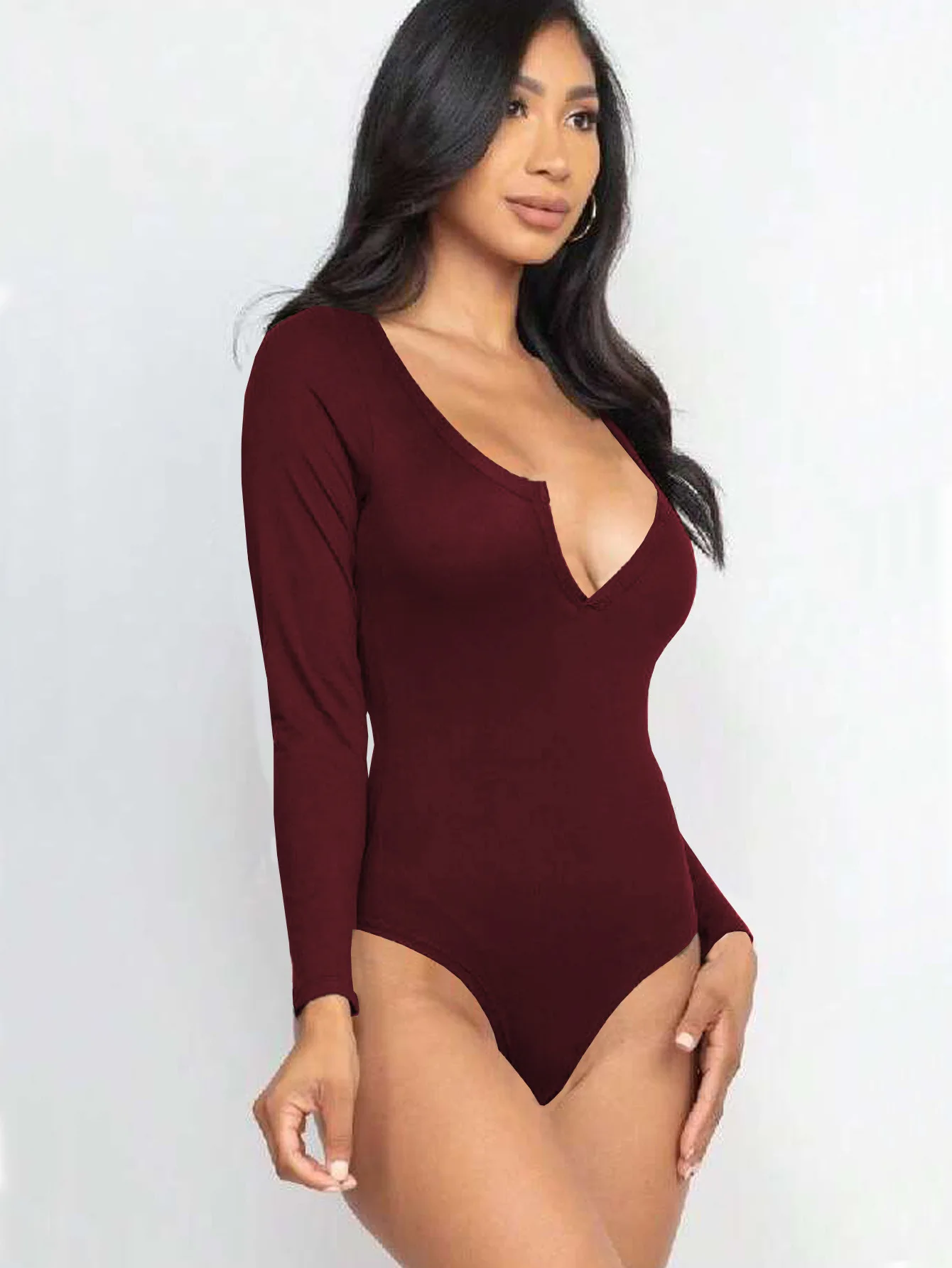 Macacão feminino europeu e americano com nervuras de manga comprida com gola entalhada e macacão justo